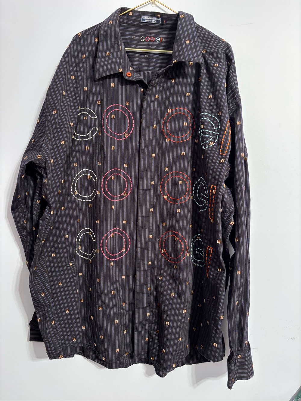COOGI Navy blue Pinstriped Button-Down Shirt with Multicolor Stitch Circles